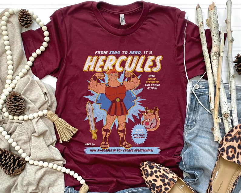 Vintage Disney Hercules Action Figure Poster Shirt, Disneyland Vacation Holiday, Unisex T-shirt Family Birthday Gift Adult Kid Toddler Tee