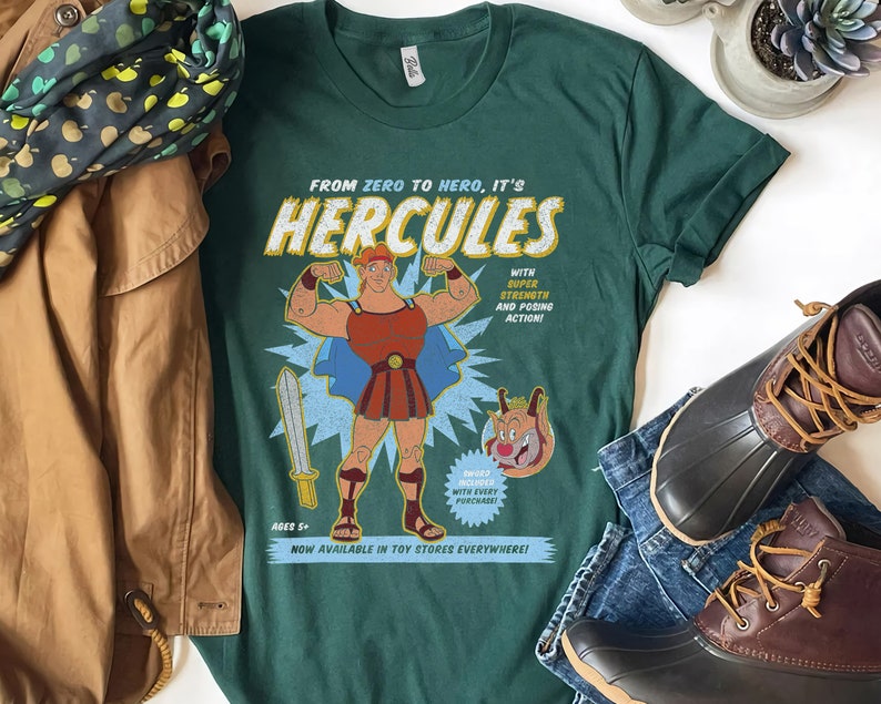 Vintage Disney Hercules Action Figure Poster Shirt, Disneyland Vacation Holiday, Unisex T-shirt Family Birthday Gift Adult Kid Toddler Tee