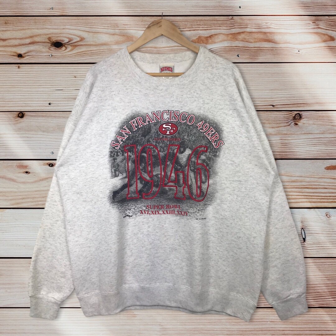 Vintage Style 90’s Nutmeg NFL San Francisco 49ers Crewneck Sweatshirt Printed Spell Out Big Logo NFL 49ers San Francisco Sweater Pullover, Hoodie, Shirt Gifts for Fans