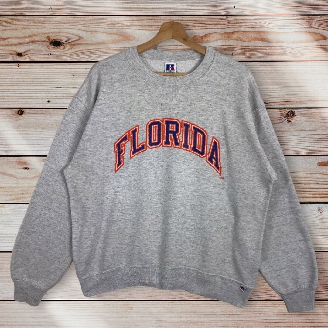 Vintage Style 90’s Russell Florida University Crewneck Sweatshirt Printed Spell Out Logo Florida Gators Sweater Pullover, Hoodie, Shirt Gifts for Fans