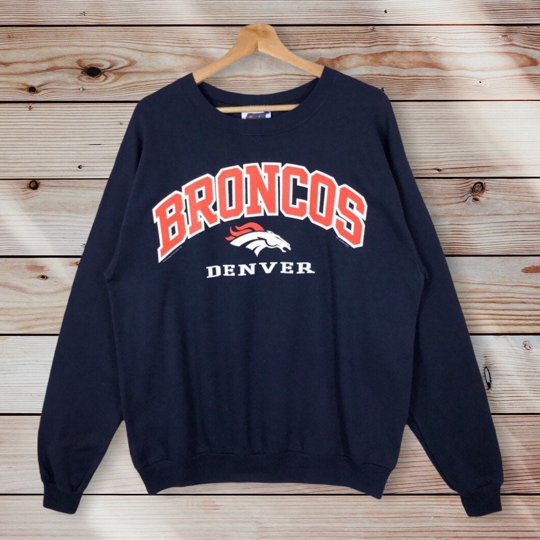 Vintage Style NFL Denver Broncos Crew Neck Sweatshirt Mirror Printed Big Logo NFL Denver Broncos Sweater Pullover Unisex Clothing, Hoodie, Shirt Gifts for Fans