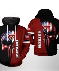 Virginia Tech Hokies Ncaa Us Flag Skull 3D All Over Print Hoodie, Zip-Up Hoodie