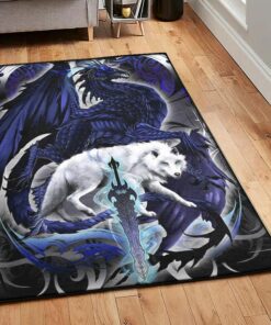 Wolf Living Room Rugs, Wolf And Dragon Rug, Dragon Area Rug, Dragon Themed Rugs, Gift For Dragon Lovers, Personalized Rug, Carpet For Living Room, Bedding Room Home Decor DG96