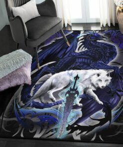 Wolf Living Room Rugs, Wolf And Dragon Rug, Dragon Area Rug, Dragon Themed Rugs, Gift For Dragon Lovers, Personalized Rug, Carpet For Living Room, Bedding Room Home Decor DG96