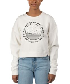 Women's Uscape Apparel White TCU Horned Frogs Fleece Crop Pullover Sweatshirt, University Football Fan Shirt, TCU Shirts Gift for Fans