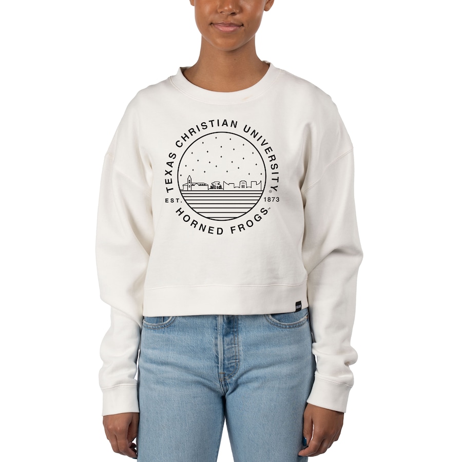 Women's Uscape Apparel White TCU Horned Frogs Fleece Crop Pullover Sweatshirt, University Football Fan Shirt, TCU Shirts Gift for Fans