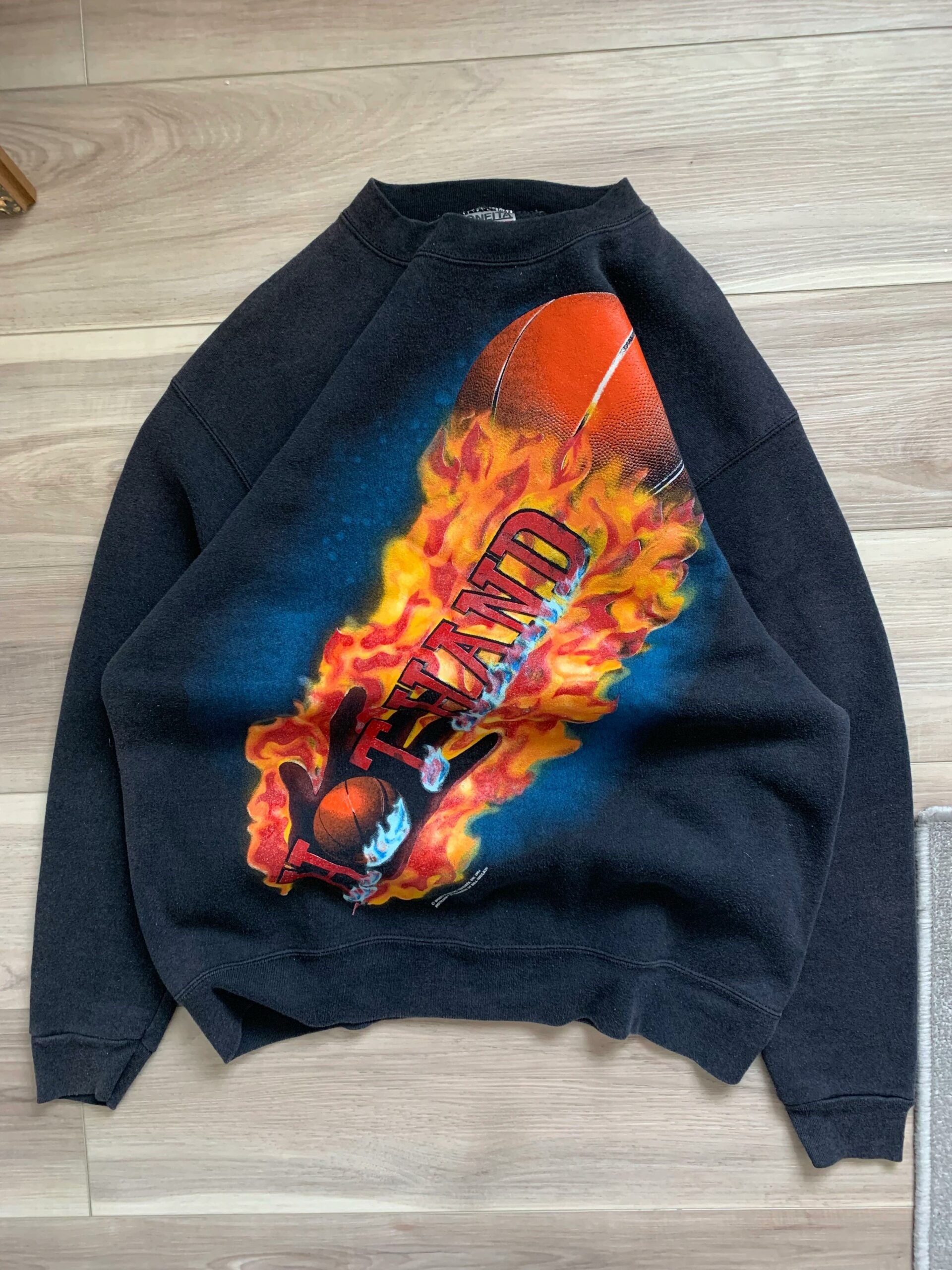 1990s Hot Hand Flames Basketball, Tshirt Hoodie Crewneck Sweatshirt Reprinted Full Color Full Size Gifts for NBA Fans