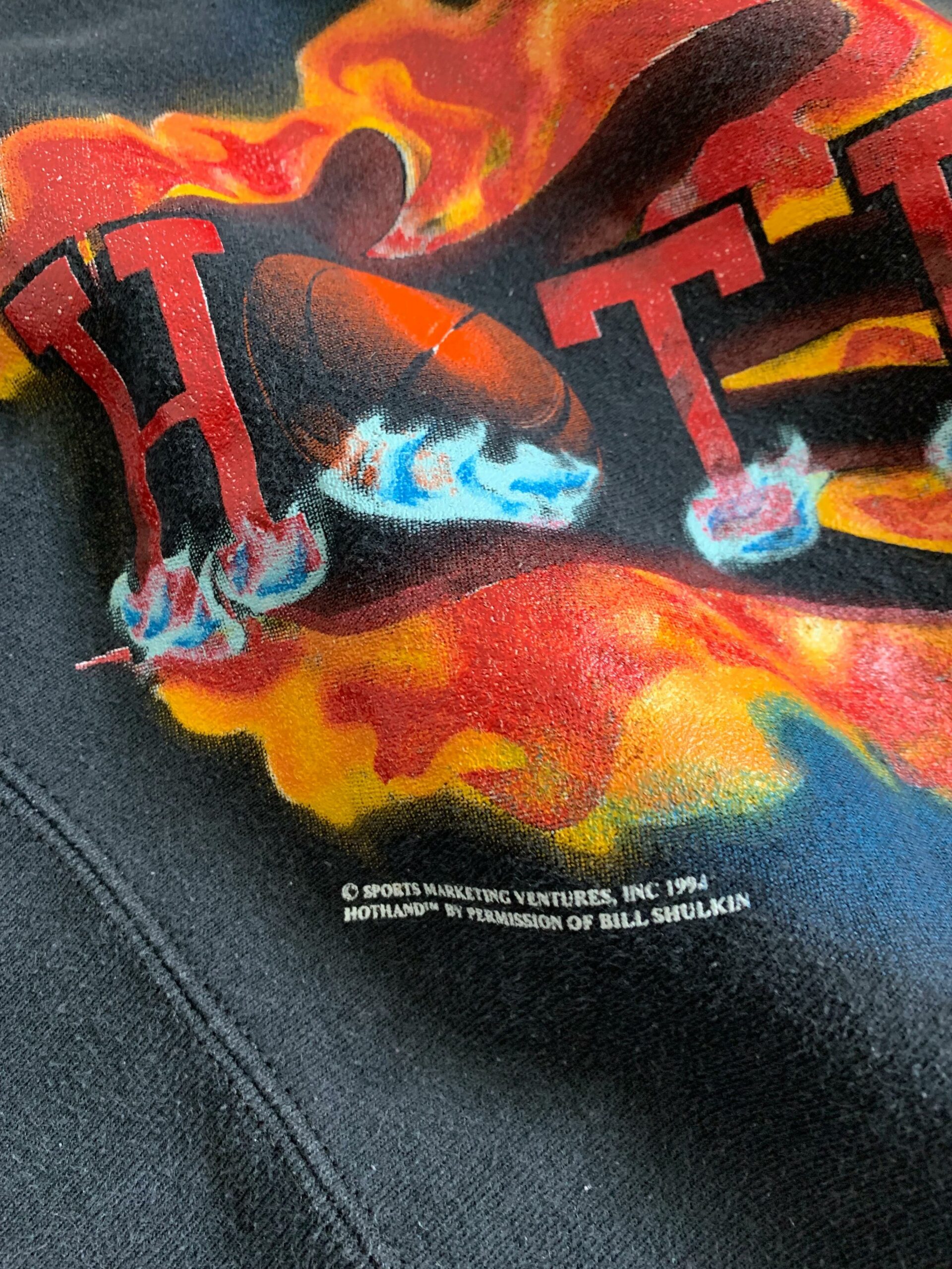 1990s Hot Hand Flames Basketball, Tshirt Hoodie Crewneck Sweatshirt Reprinted Full Color Full Size Gifts for NBA Fans