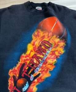 1990s Hot Hand Flames Basketball, Tshirt Hoodie Crewneck Sweatshirt Reprinted Full Color Full Size Gifts for NBA Fans