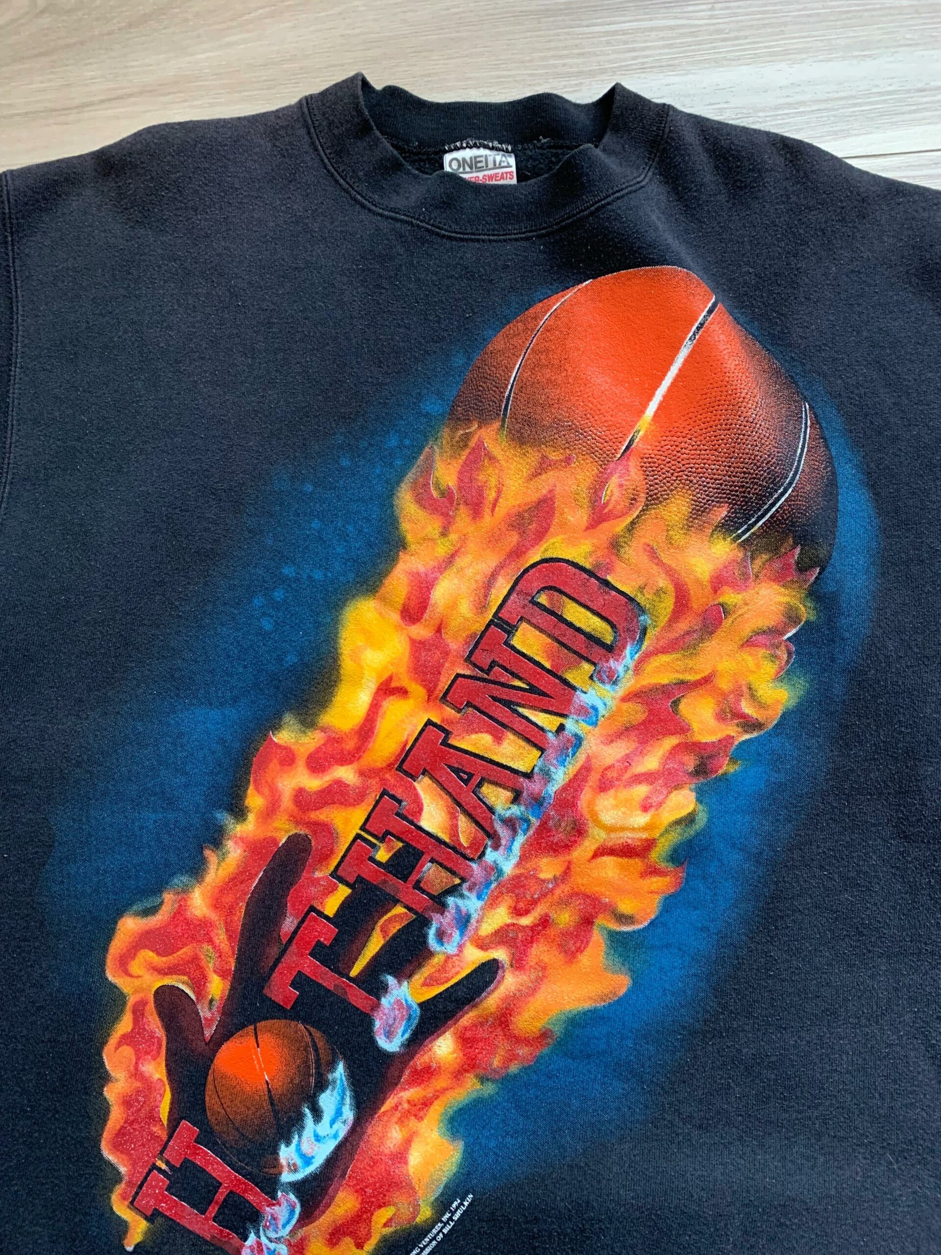 1990s Hot Hand Flames Basketball, Tshirt Hoodie Crewneck Sweatshirt Reprinted Full Color Full Size Gifts for NBA Fans