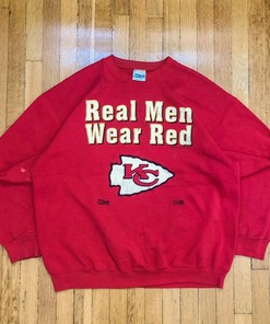 1991 Boxy 'Real Men Wear Red' Kansas City Chiefs Tshirt Pullover Hoodie Crewneck Sweatshirt Reprinted Full Color Full Size Gifts For NFL Fans