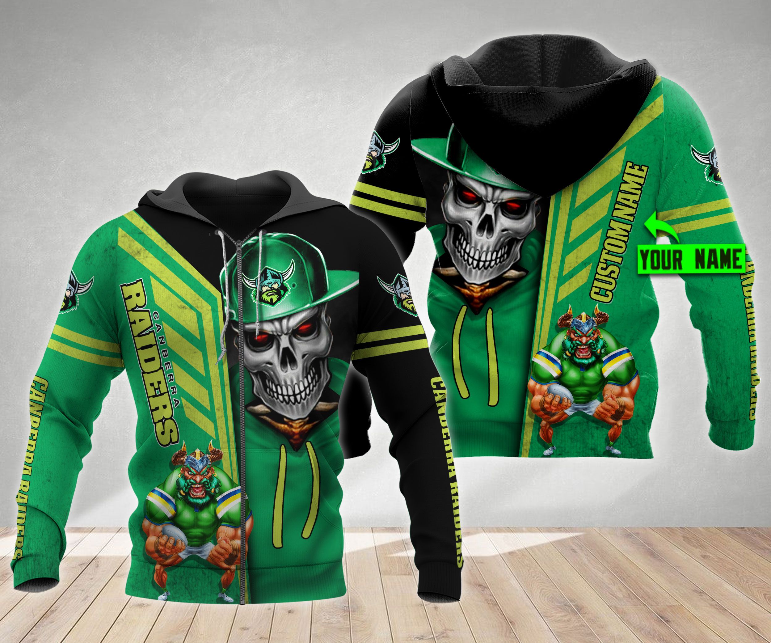 3D Hoodie Canberra Raiders Nrl Skull Cap Custom Name 3D All Over Print Zip Up Hoodie Option