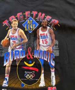 90s 1992 Dreamteam Larry Bird Magic Johnson Tshirt Pullover Hoodie Crewneck Sweatshirt Reprinted Full Color Full Size Gifts for NBA Fans