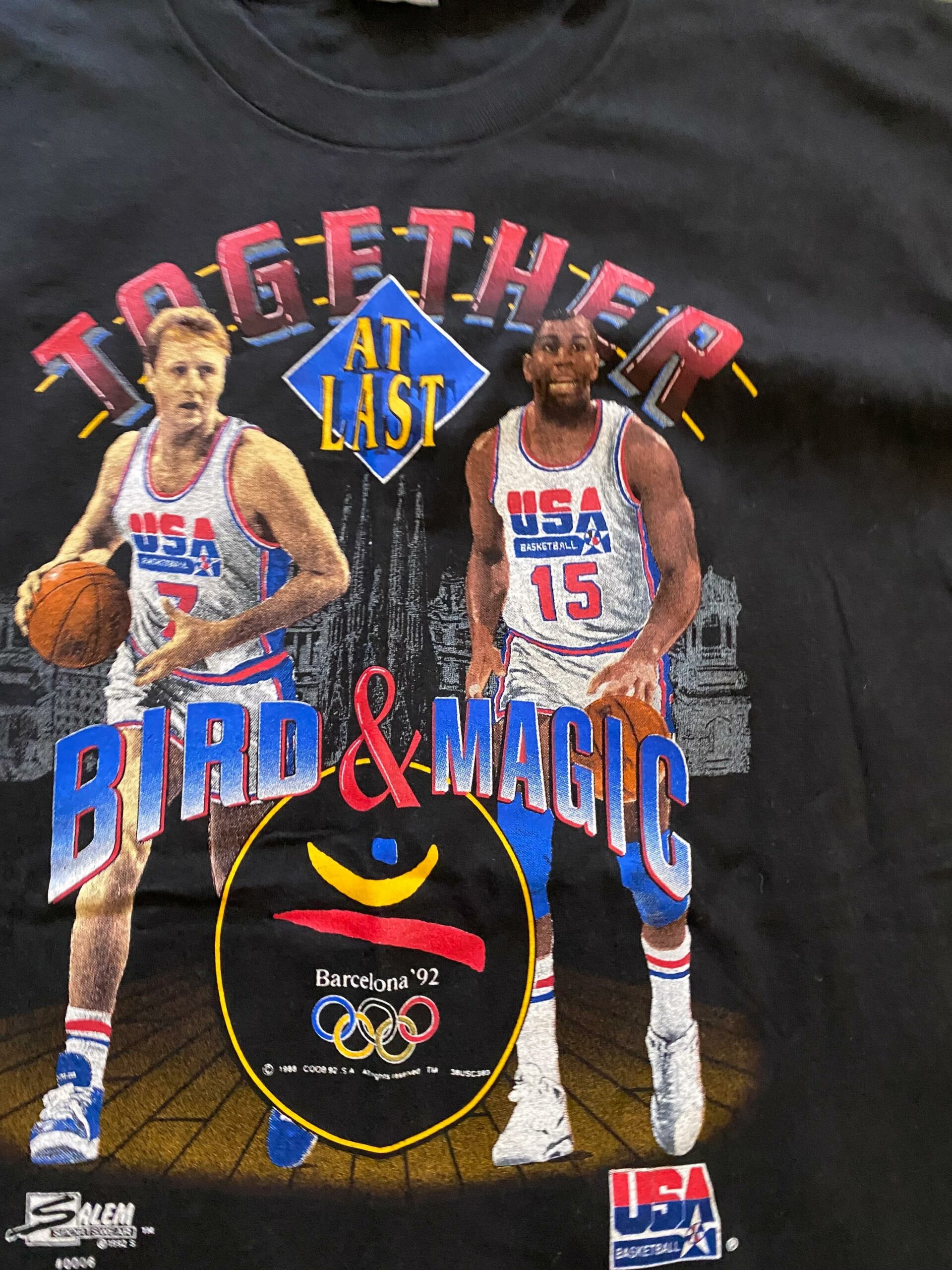 90s 1992 Dreamteam Larry Bird Magic Johnson Tshirt Pullover Hoodie Crewneck Sweatshirt Reprinted Full Color Full Size Gifts for NBA Fans