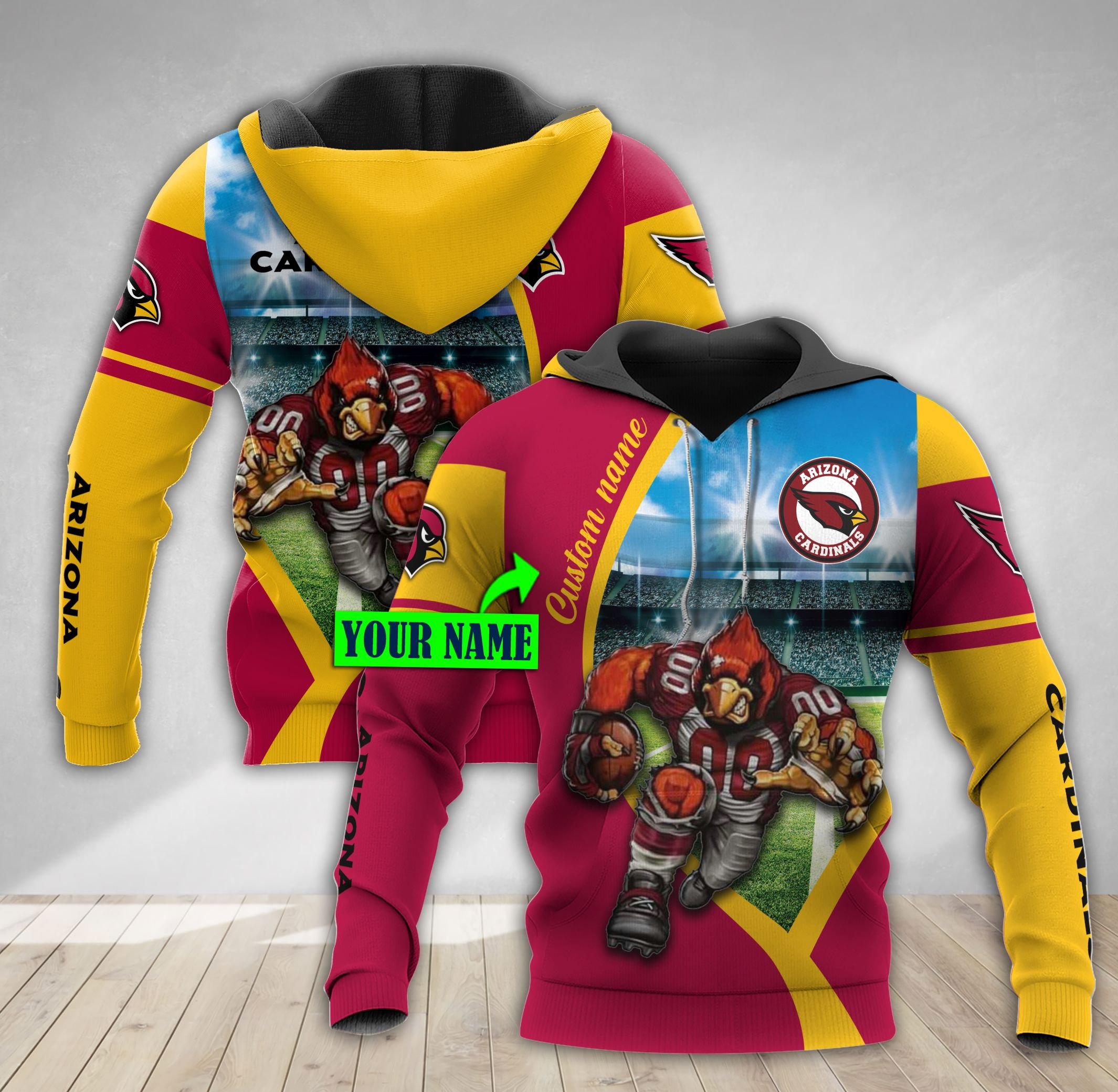 Arizona Cardinals Mascot Personalized Hoodie, Customizable 3D All Over Print Hoodie With Zip Up Option