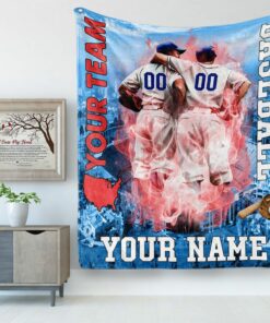 Baseball Blanekt With Name, Baseball Player Pattern In Legend Themed Sherpa Fleece Blanket