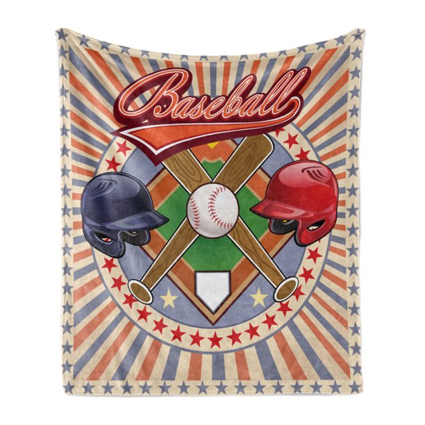 Baseball Soft Blanket, Retro Pop Art Softball Logo Vertical Striped Setting Bat And Ball Game Print