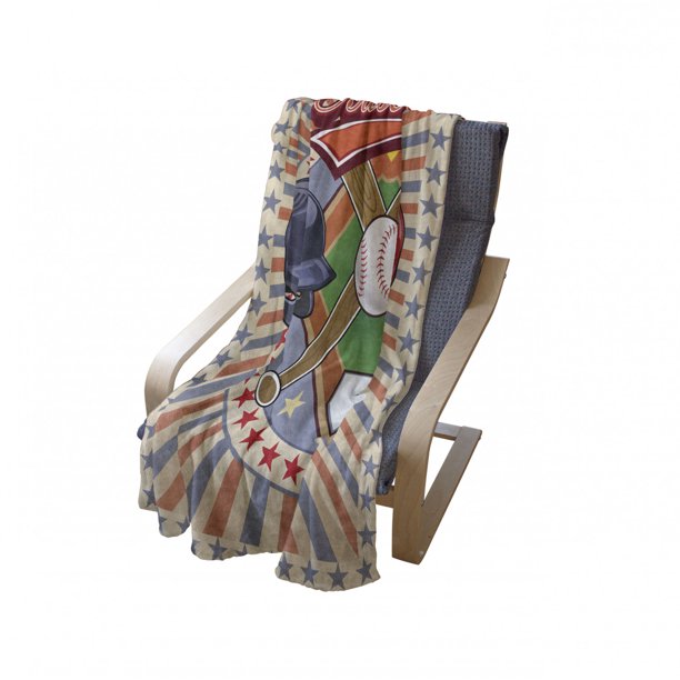 Baseball Soft Blanket, Retro Pop Art Softball Logo Vertical Striped Setting Bat And Ball Game Print