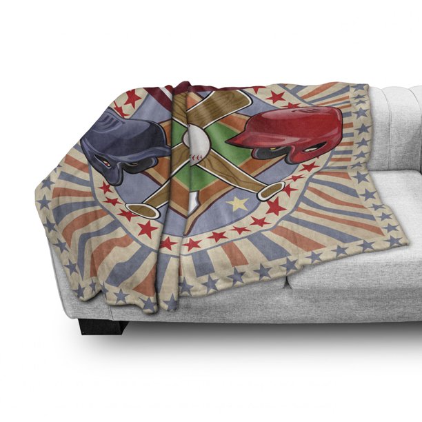 Baseball Soft Blanket, Retro Pop Art Softball Logo Vertical Striped Setting Bat And Ball Game Print