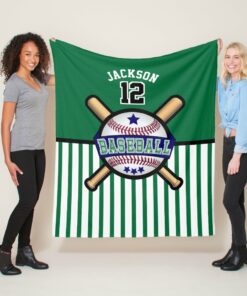 Baseball Star - Dark Blue And Green Blanket- Sherpa Fleece Blanket