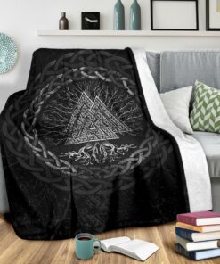 Celtic And Valknut and Tree of Life Yggrdrasil Viking Style Sherpa Fleece Blanket Gifts for Viking Lovers