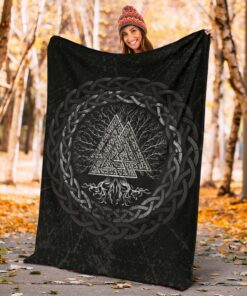Celtic And Valknut and Tree of Life Yggrdrasil Viking Style Sherpa Fleece Blanket Gifts for Viking Lovers