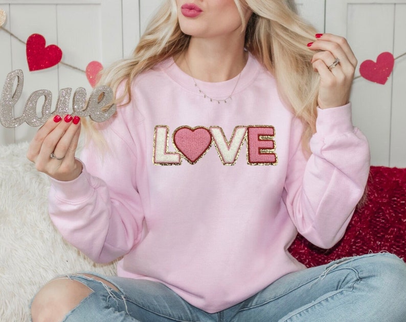 Chenille Patch Valentine Sweatshirt, Valentine Love Sweater, Valentine Heart Crewneck, Valentine Gift For Her, Women's Valentine Tee Shirt - Image 2