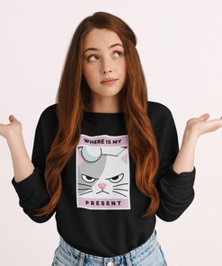 Christmas Unisex Where Is My Present Crewneck Sweatshirt, Holiday Spirit Cute Kawaii Pink Gray Mad Cat Favorite Season Sweatshirt Xmas Gift