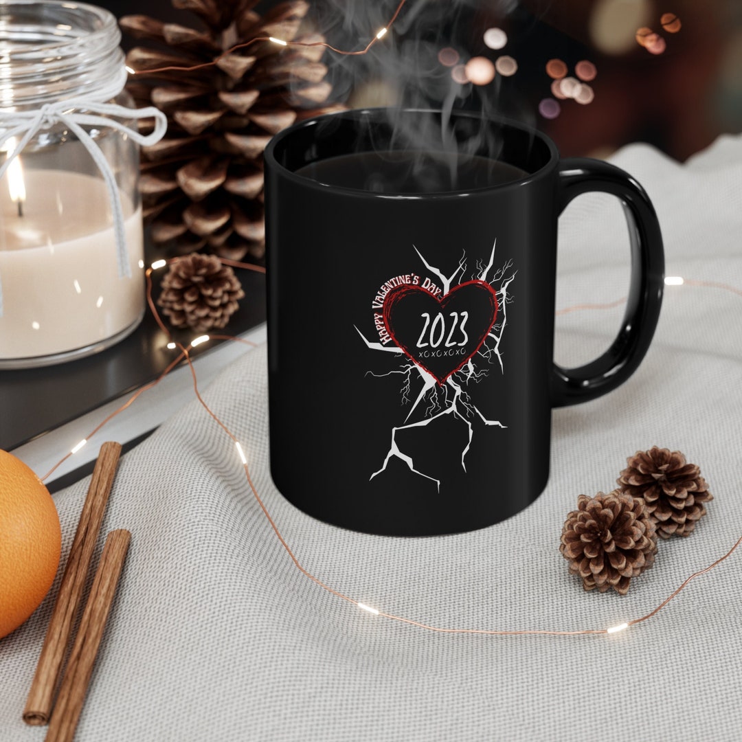 Cool Cracked Valentines Mug Gift With Red Heart 2023 Black Mug By Bunnypuppymimi