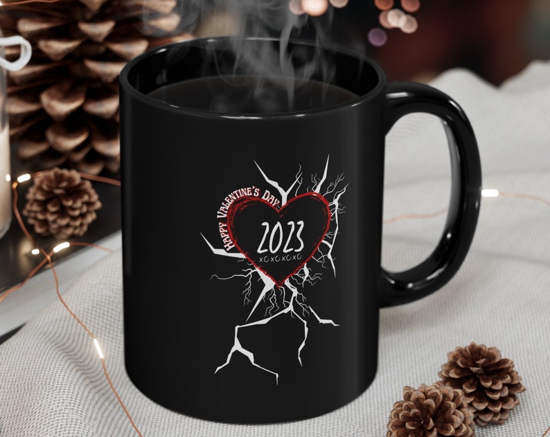 Cool Cracked Valentines Mug Gift With Red Heart 2023 Black Mug By Bunnypuppymimi