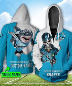 Cronulla Sutherland Sharks 3D Hoodie Nrl 3D Hoodie Mascot Skull Custom Name 3D All Over Printed Hoodie