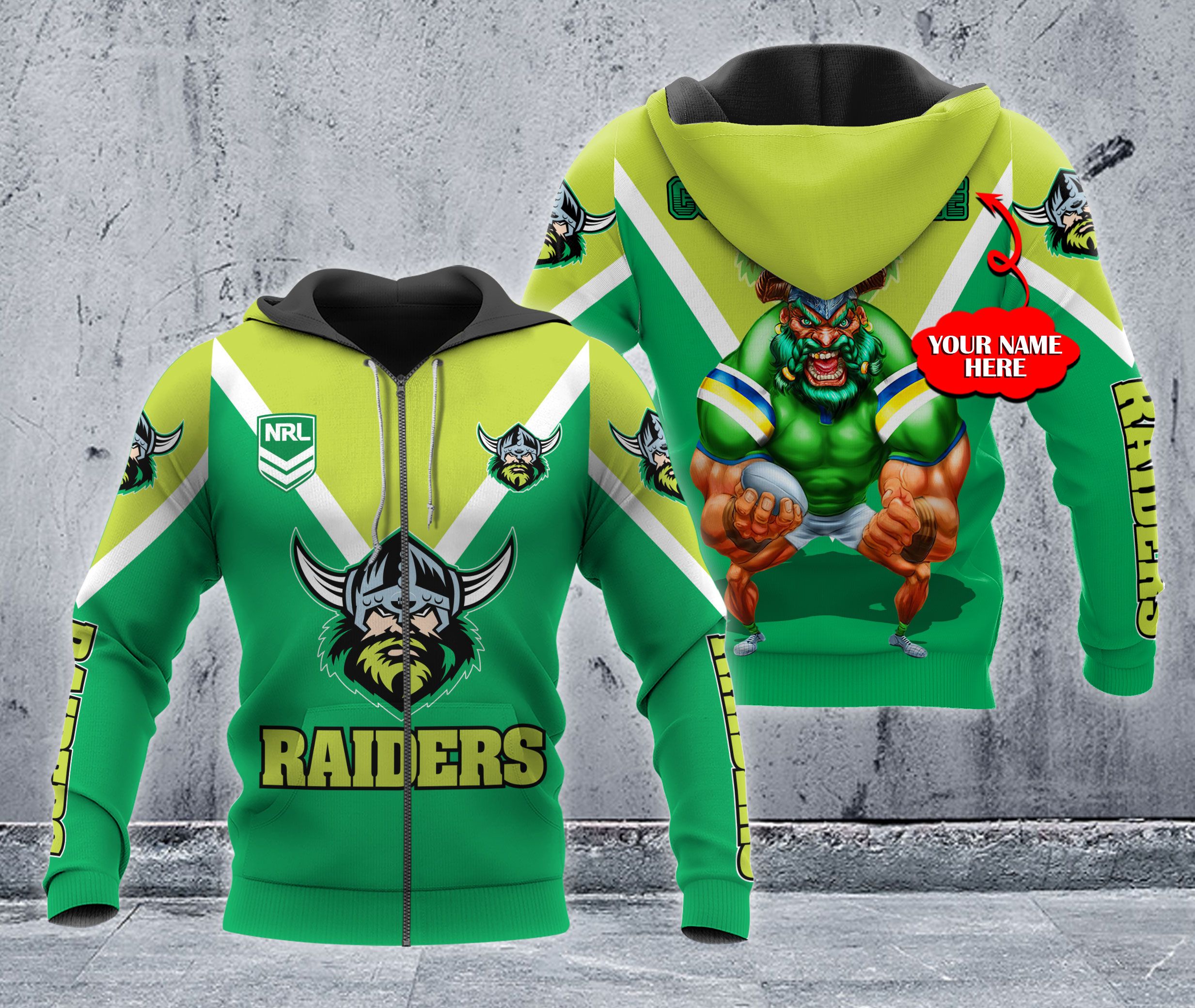 Custom 3D Hoodie Canberra Raiders Nrl Mascot Custom Name 3D All Over Print Zip Up Hoodie Option
