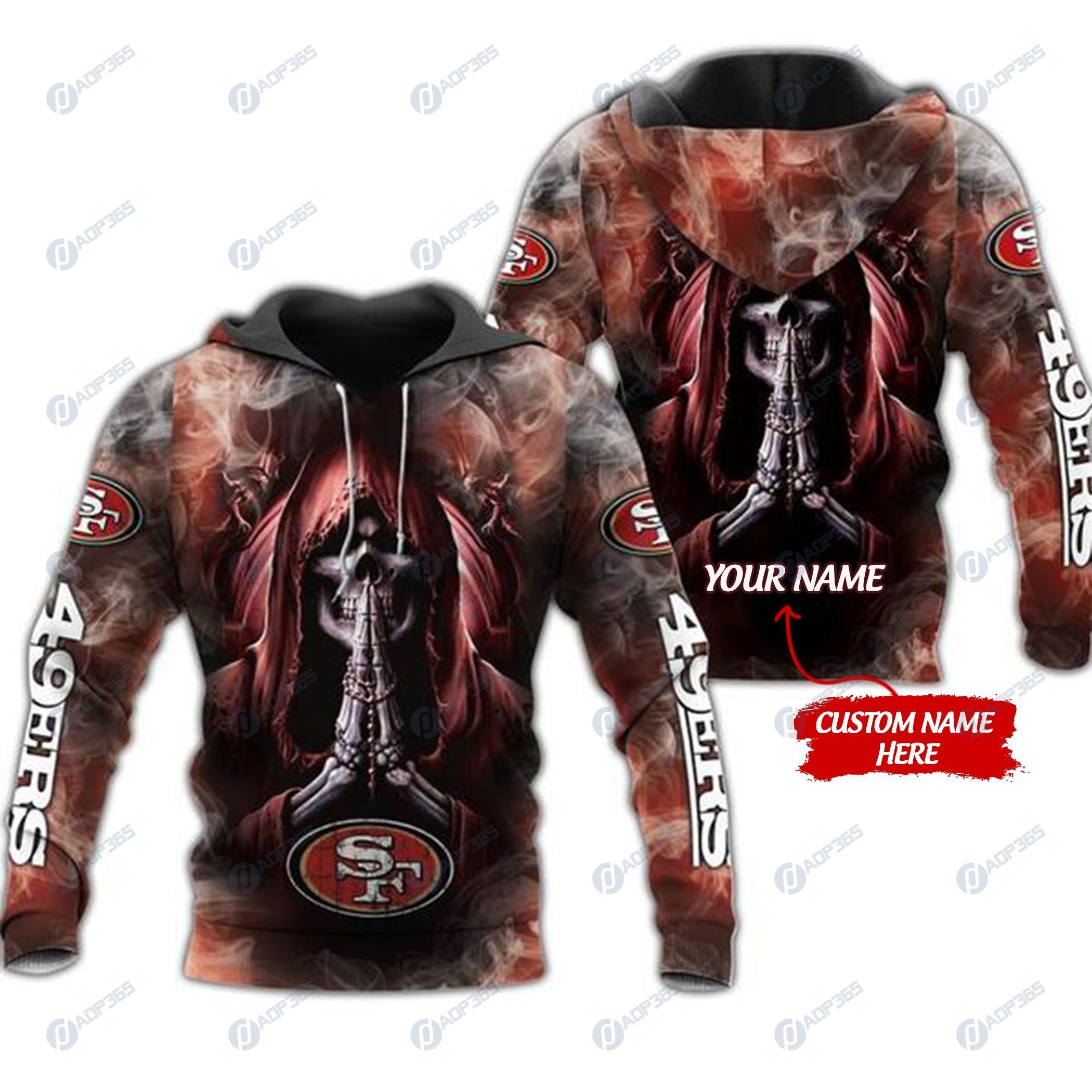 Custom 3D Hoodie San Francisco 49Ers Skull Nfl Custom Name 3D All Over Print Zip Up Hoodie Option