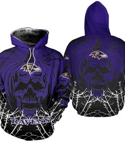 Custom Baltimore Ravens Halloween Pumpkin Skull Print 3D All Over Print Zip Hoodie Perfect Gift For Nfl Fans