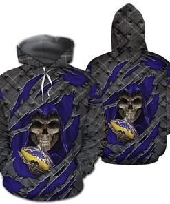 Custom Baltimore Ravens Skull Cracked Metal 3D All Over Print Zip Hoodie Perfect Gifts For Football Fans
