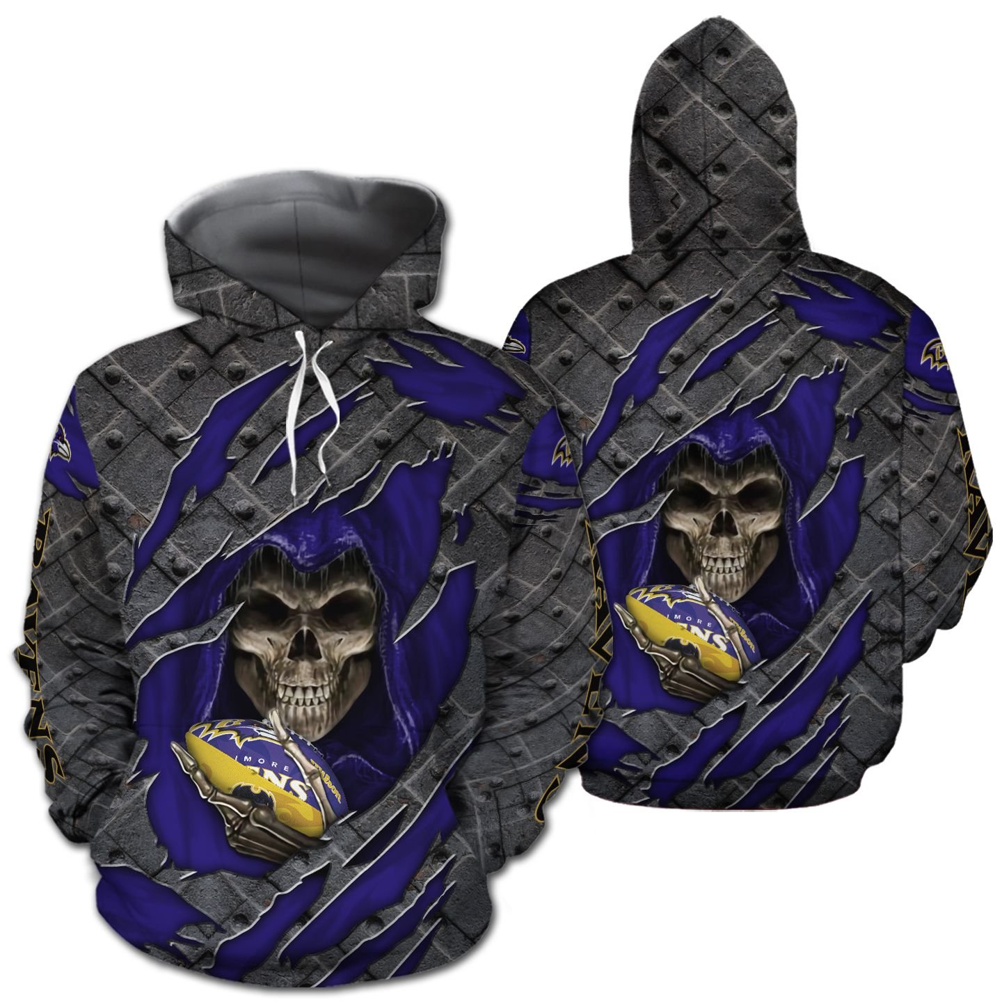 Custom Baltimore Ravens Skull Cracked Metal 3D All Over Print Zip Hoodie Perfect Gifts For Football Fans