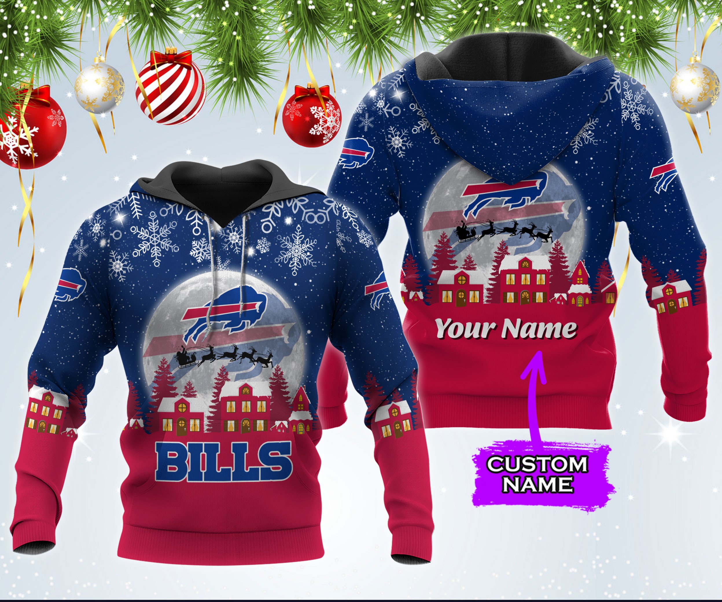 Custom Buffalo Bills Personalized Christmas 3D All Over Print Zip Hoodie Perfect Gifts For Football Fans