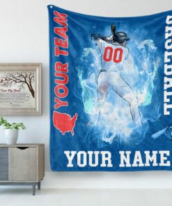 Custom Name Baseball Player Pattern In Blue Fire Background Blanket, Soft Baseball Blanket
