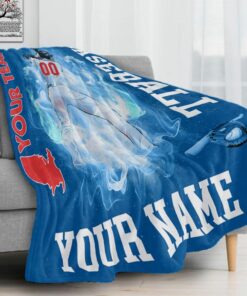 Custom Name Baseball Player Pattern In Blue Fire Background Blanket, Soft Baseball Blanket