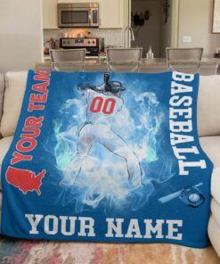 Custom Name Baseball Player Pattern In Blue Fire Background Blanket, Soft Baseball Blanket