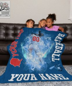 Custom Name Baseball Player Pattern In Blue Fire Background Blanket, Soft Baseball Blanket