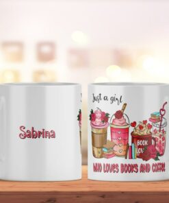Custom Printed Mug With Name And Book Lover Print, Ceramic Mug For Coffee, Mug Gift Ideas Valentine's Day