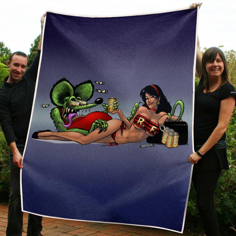 Custom Rat Fink And Pinup Girl Hot Rod Garage Blanket