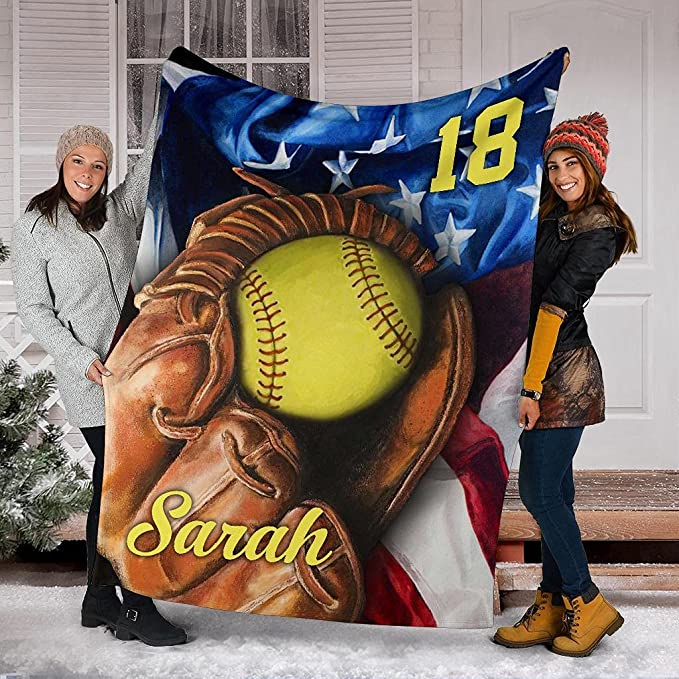 Custom Softball Glove Flag Usa American Personalized Name Number Blanket