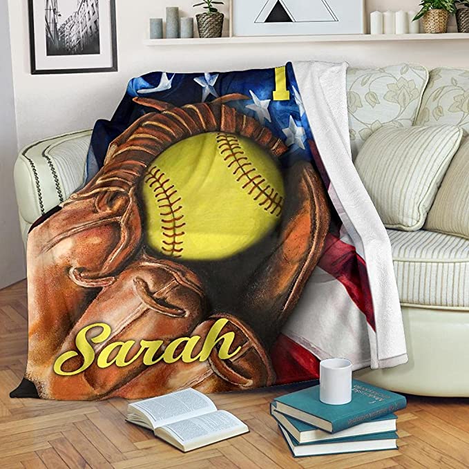 Custom Softball Glove Flag Usa American Personalized Name Number Blanket