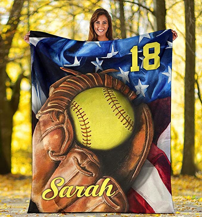 Custom Softball Glove Flag Usa American Personalized Name Number Blanket