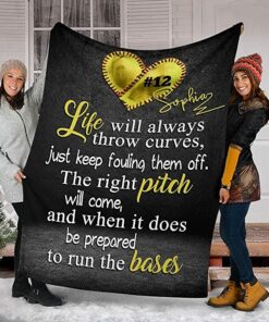 Custom Softball Yellow Heart Life Pitch Bases Personalized Name Number Baseball Blanket, Gift Mother Day