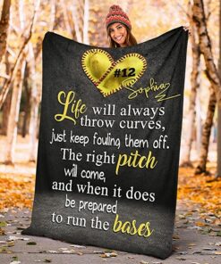 Custom Softball Yellow Heart Life Pitch Bases Personalized Name Number Baseball Blanket, Gift Mother Day