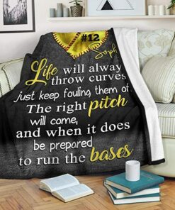 Custom Softball Yellow Heart Life Pitch Bases Personalized Name Number Baseball Blanket, Gift Mother Day