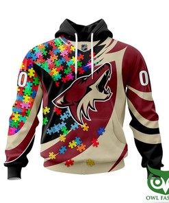 Customizable Autism Awareness Arizona Coyotes Hoodie With Colorful Puzzle Design And Personalized Name And Number